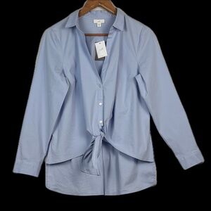 NWT J Jill Women Long Sleeve ButtonUp Tie Front Shirt Sz MP Blue Stretch Classic